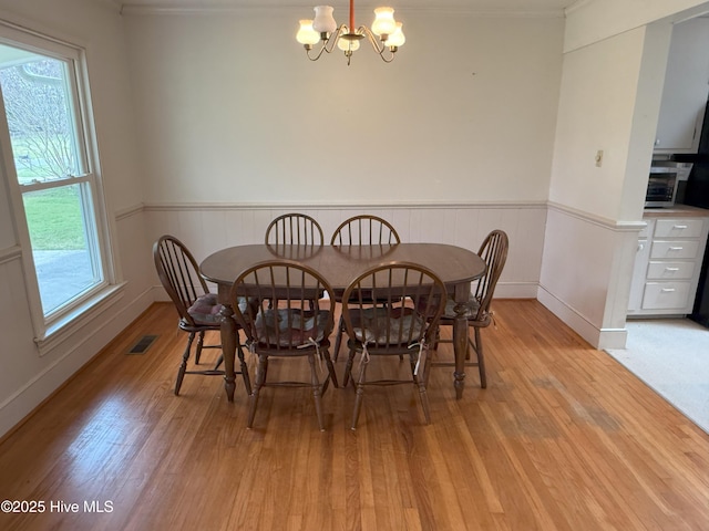 114 Long Leaf Ln, Plymouth, NC 27962 - dining room featuring ornamental molding, visible vents, a chandelier, light wood finished floors, and wainscoting