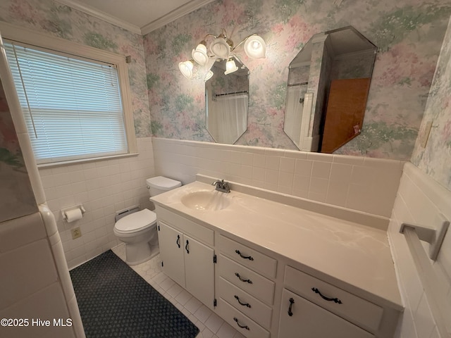 114 Long Leaf Ln, Plymouth, NC 27962 - bathroom with toilet, wallpapered walls, tile patterned floors, wainscoting, and vanity