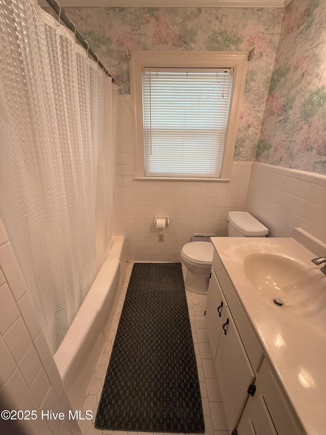 114 Long Leaf Ln, Plymouth, NC 27962 - bathroom with toilet, wallpapered walls, a wainscoted wall, tile patterned flooring, and vanity
