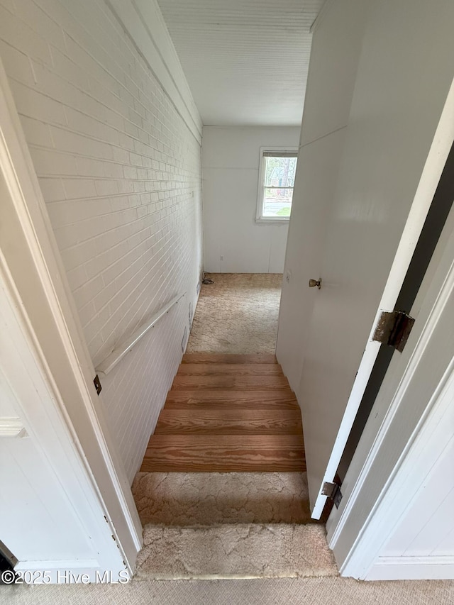 114 Long Leaf Ln, Plymouth, NC 27962 - stairs featuring brick wall and carpet floors