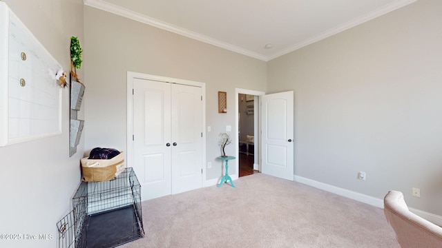 carpeted bedroom featuring ornamental molding, baseboards, and a closet