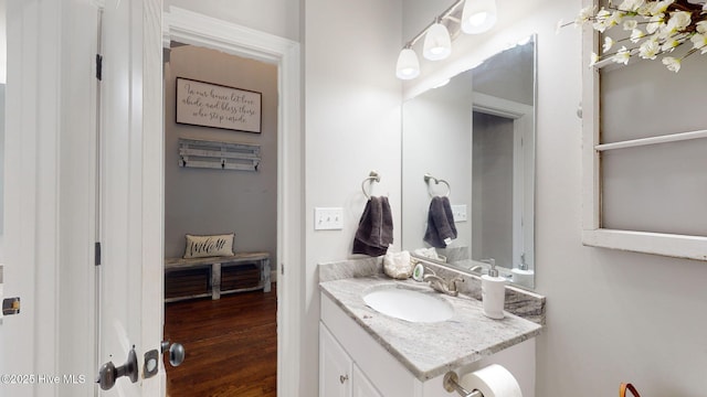 bathroom with wood finished floors and vanity