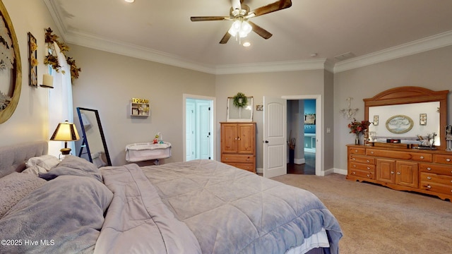 carpeted bedroom with baseboards, ceiling fan, and ornamental molding