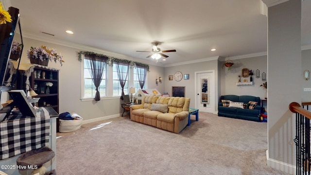carpeted living room featuring baseboards, ceiling fan, recessed lighting, and ornamental molding