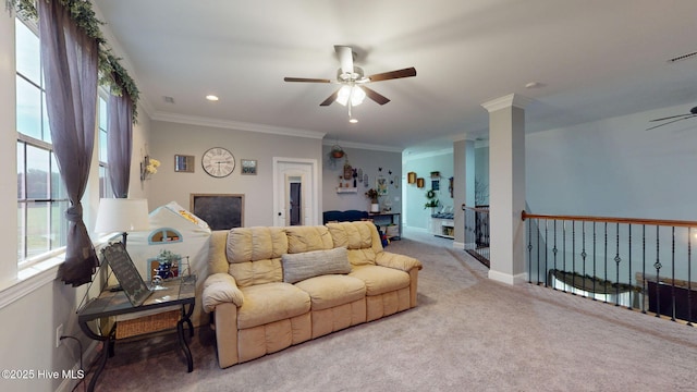 living room featuring carpet flooring, a ceiling fan, crown molding, and recessed lighting