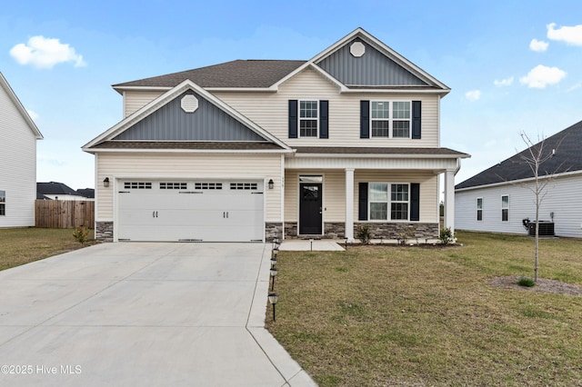 craftsman house featuring board and batten siding, concrete driveway, a porch, and stone siding