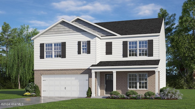 view of front of home with a front lawn, an attached garage, brick siding, and concrete driveway