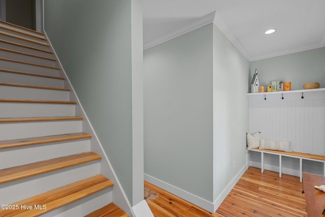 15 Station Ave, Southern Pines, NC 28387 - stairway with recessed lighting, baseboards, ornamental molding, and wood finished floors