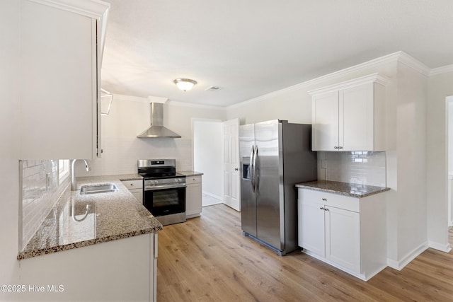 132 Elder Dr, Wilmington, NC 28405 - kitchen with appliances with stainless steel finishes, wall chimney exhaust hood, backsplash, light wood-style floors, and crown molding