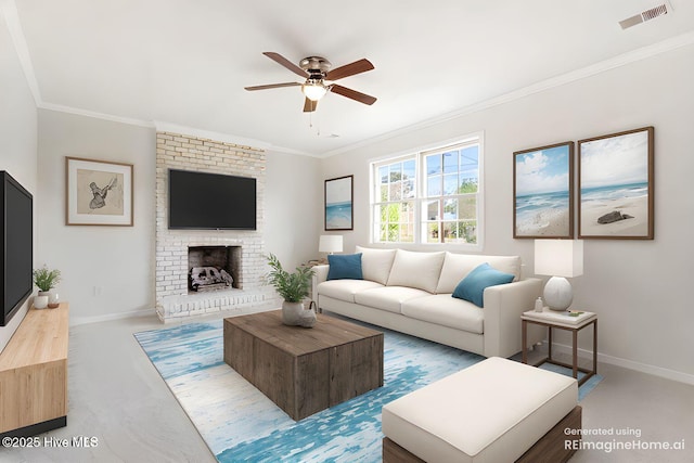 132 Elder Dr, Wilmington, NC 28405 - living room featuring ceiling fan, crown molding, carpet floors, and a brick fireplace