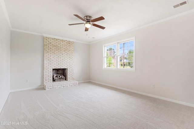 132 Elder Dr, Wilmington, NC 28405 - unfurnished living room featuring ornamental molding, a ceiling fan, carpet, and a brick fireplace