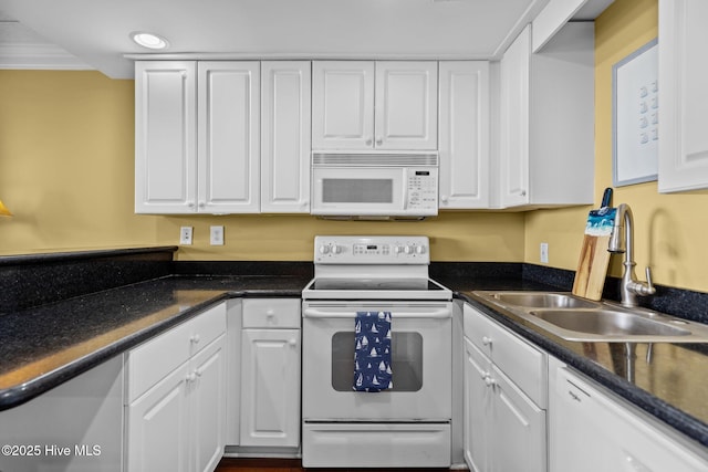 106 N Water Street 205 & 206, Wilmington, NC 28401 - kitchen with a sink, white appliances, crown molding, white cabinets, and dark countertops