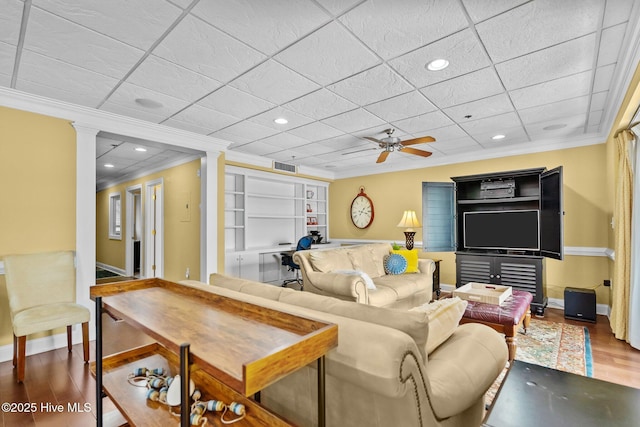 106 N Water Street 205 & 206, Wilmington, NC 28401 - living area featuring decorative columns, wood finished floors, a ceiling fan, and recessed lighting