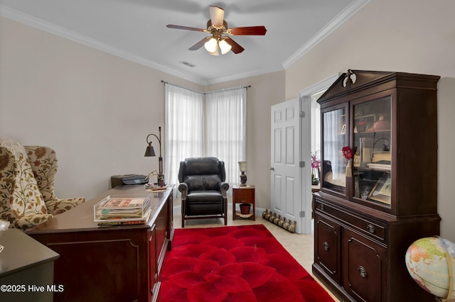 9278 Checkerberry Sq NW, Calabash, NC 28467 - home office with crown molding, ceiling fan, and light tile patterned floors