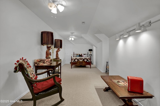 9278 Checkerberry Sq NW, Calabash, NC 28467 - bedroom with carpet floors, lofted ceiling, and a ceiling fan