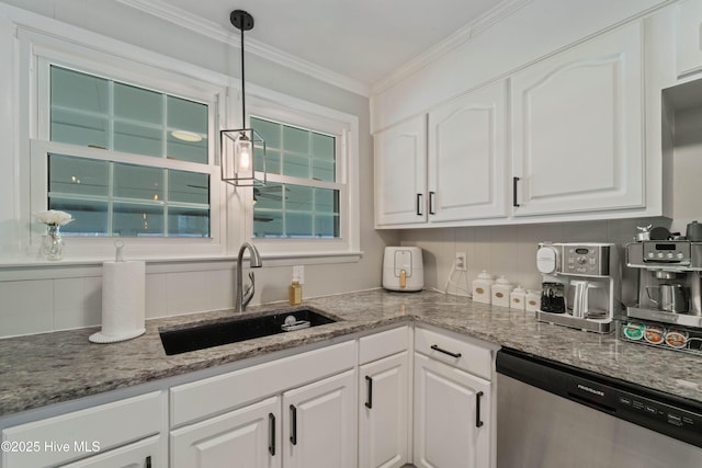 722 Christine Ave, Jacksonville, NC 28540 - kitchen featuring a sink, crown molding, decorative backsplash, and dishwasher