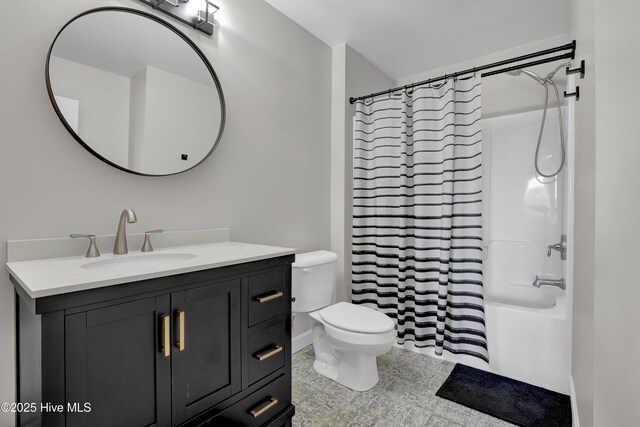 full bathroom featuring shower / tub combo, toilet, and vanity