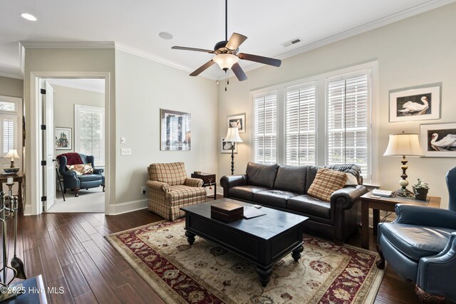 1502 Crows Landing Cir, Wilmington, NC 28403 - living room featuring a ceiling fan, dark wood finished floors, ornamental molding, and baseboards