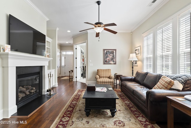 1502 Crows Landing Cir, Wilmington, NC 28403 - living area with ornamental molding, ceiling fan, wood-type flooring, baseboards, and recessed lighting
