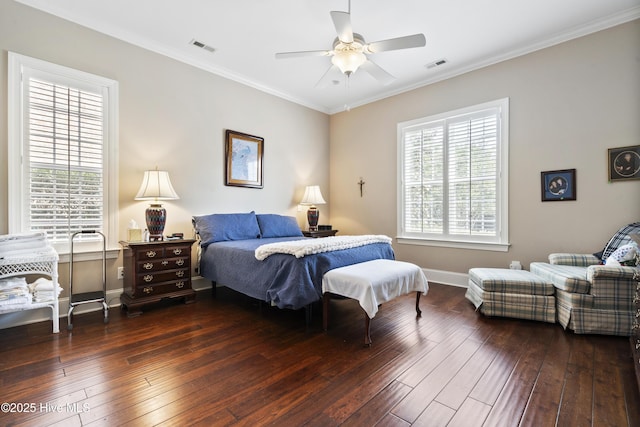 1502 Crows Landing Cir, Wilmington, NC 28403 - bedroom with dark wood-style flooring, baseboards, crown molding, and ceiling fan