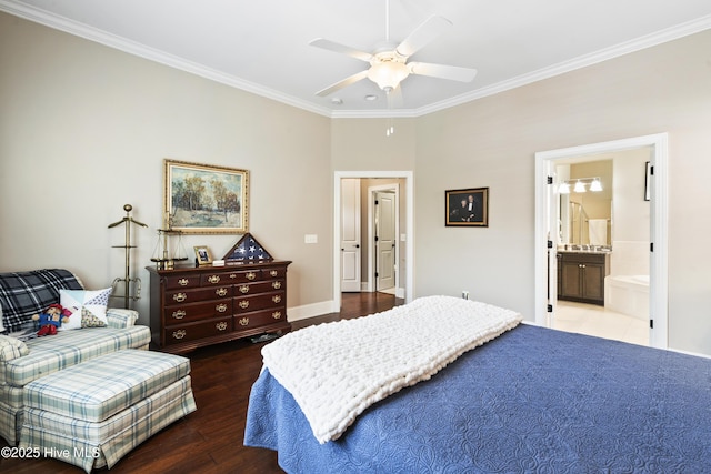 1502 Crows Landing Cir, Wilmington, NC 28403 - bedroom featuring crown molding, wood finished floors, connected bathroom, baseboards, and a ceiling fan