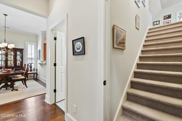 1502 Crows Landing Cir, Wilmington, NC 28403 - staircase with a chandelier, baseboards, wood finished floors, and ornamental molding