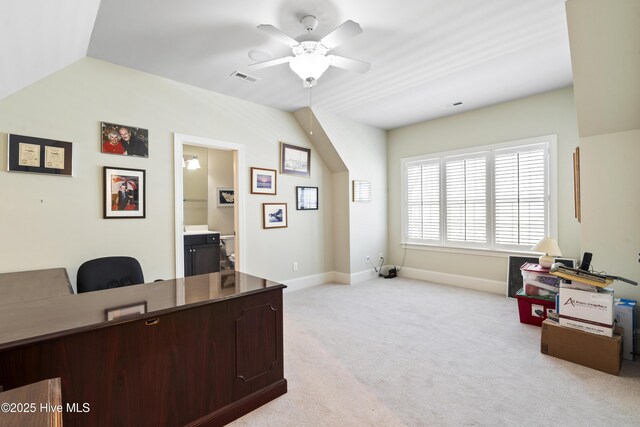 1502 Crows Landing Cir, Wilmington, NC 28403 - office area with a ceiling fan, light carpet, baseboards, and lofted ceiling