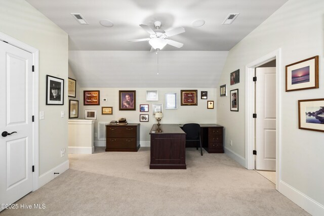 1502 Crows Landing Cir, Wilmington, NC 28403 - office space with a ceiling fan, light colored carpet, lofted ceiling, and baseboards