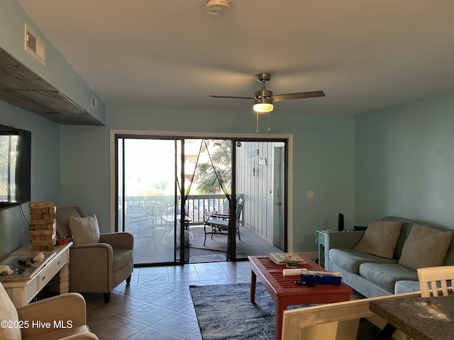 living area featuring a ceiling fan and visible vents