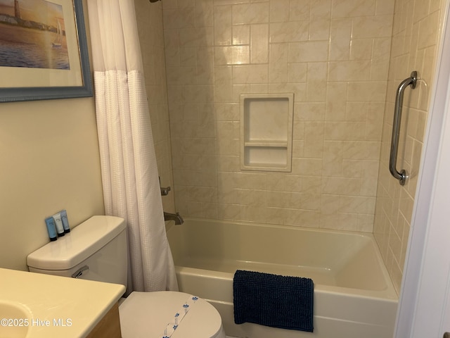 bathroom with shower / bath combination with curtain, vanity, and toilet
