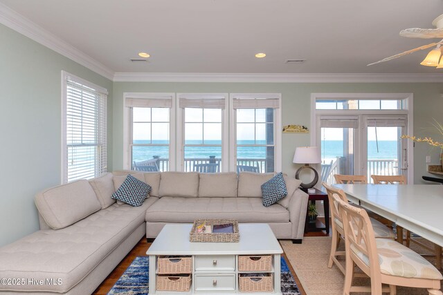 2216 S Shore Dr Unit A & B, Surf City, NC 28445 - living room with visible vents, crown molding, recessed lighting, and wood finished floors