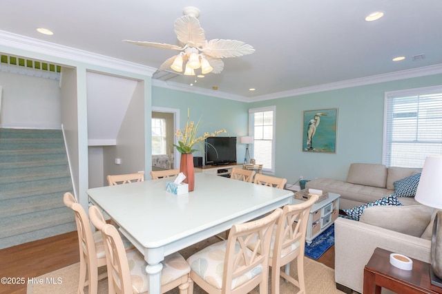 2216 S Shore Dr Unit A & B, Surf City, NC 28445 - dining room featuring stairs, ornamental molding, wood finished floors, ceiling fan, and recessed lighting