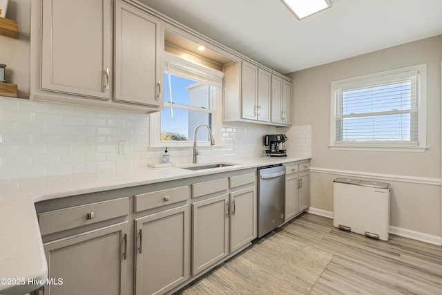 kitchen featuring gray cabinets, dishwasher, a sink, and open shelves