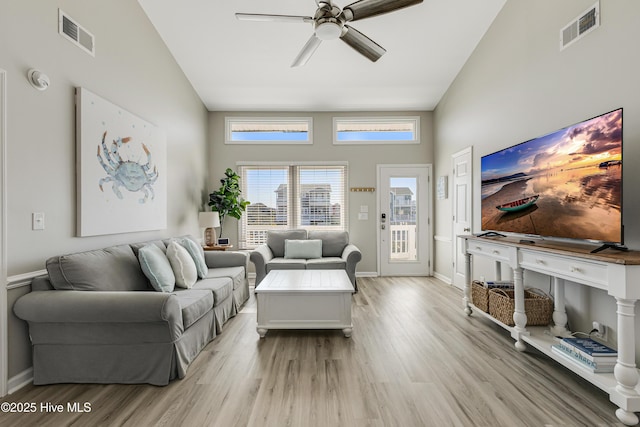 living area with visible vents, light wood-style flooring, and a ceiling fan