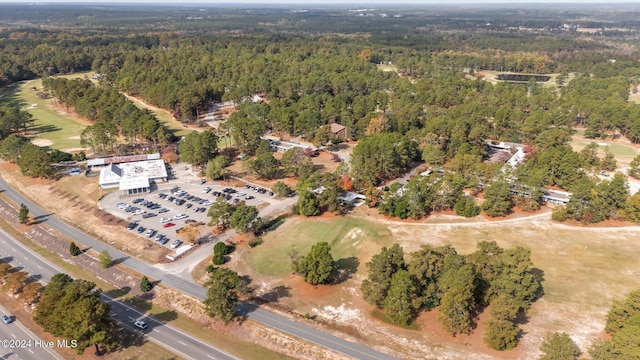 bird's eye view with a wooded view