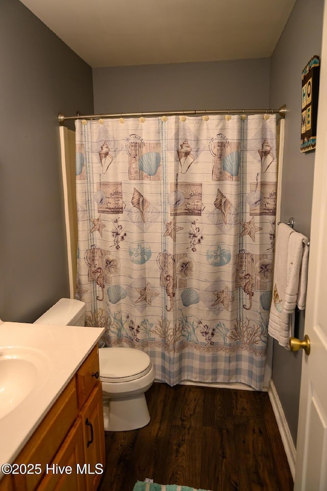 1714 Pine St, Elizabeth City, NC 27909 - full bathroom featuring a shower with curtain, wood finished floors, toilet, and vanity