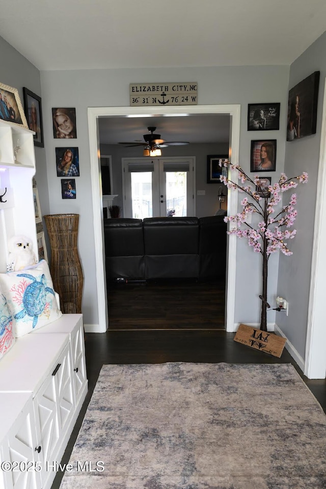 1714 Pine St, Elizabeth City, NC 27909 - foyer with dark wood-style floors, baseboards, french doors, and a ceiling fan