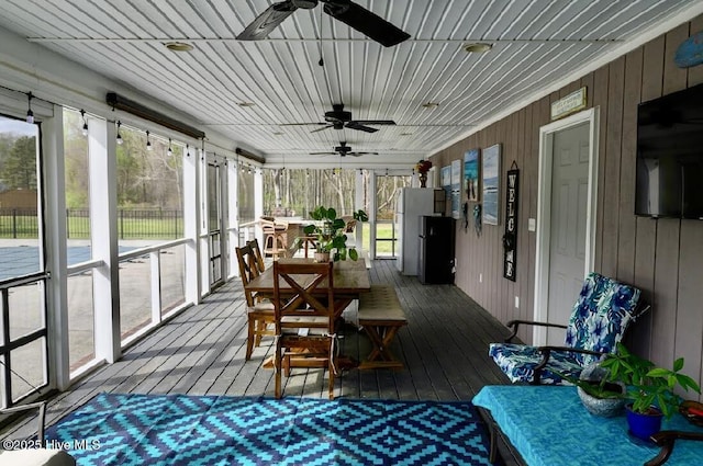 1714 Pine St, Elizabeth City, NC 27909 - sunroom featuring a ceiling fan, wood ceiling, and wooden walls