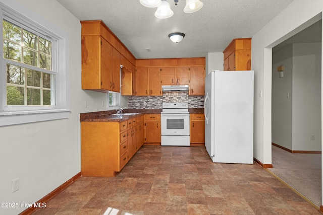 kitchen featuring white appliances, under cabinet range hood, brown cabinets, decorative backsplash, and a sink