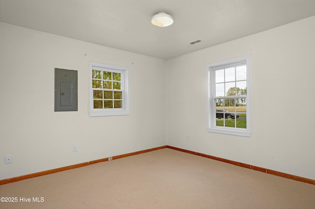 spare room with electric panel, carpet, visible vents, and baseboards