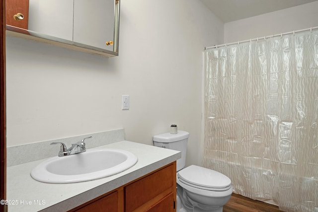 bathroom featuring toilet, wood finished floors, vanity, and a shower with shower curtain