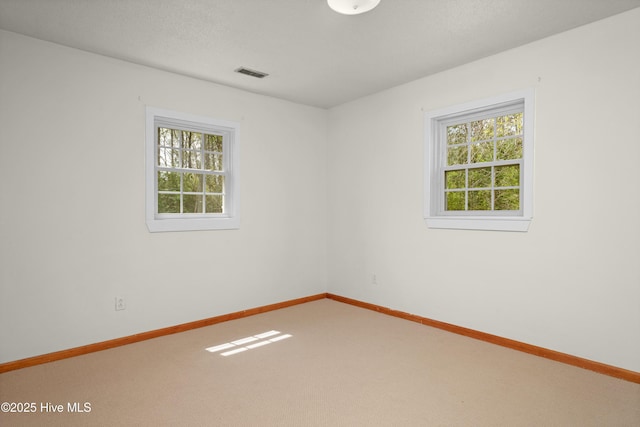 carpeted spare room with baseboards, visible vents, and a wealth of natural light