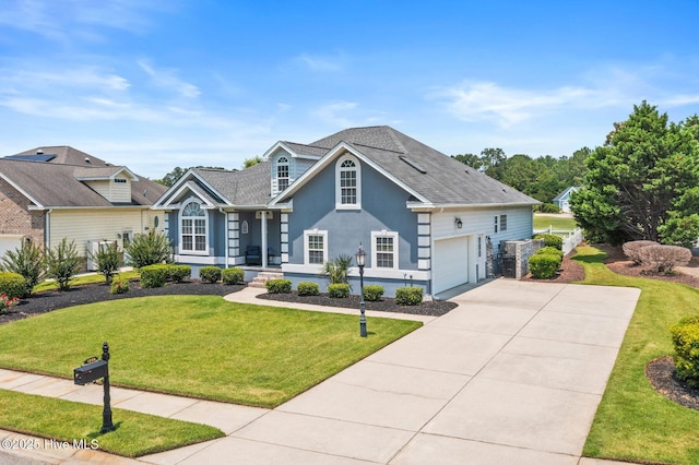 1096 Rutledge Ct NW, Calabash, NC 28467 - traditional-style house with concrete driveway, covered porch, a front yard, stucco siding, and a shingled roof