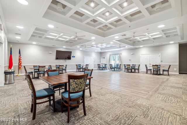 1096 Rutledge Ct NW, Calabash, NC 28467 - carpeted dining room featuring coffered ceiling, a ceiling fan, recessed lighting, baseboards, and beam ceiling