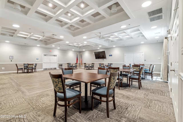 1096 Rutledge Ct NW, Calabash, NC 28467 - dining space with coffered ceiling, light carpet, recessed lighting, beam ceiling, and baseboards