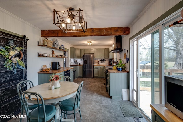 dining room with an inviting chandelier, crown molding, and beamed ceiling