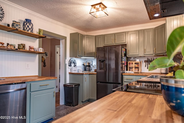 kitchen with butcher block countertops, a textured ceiling, crown molding, open shelves, and fridge with ice dispenser