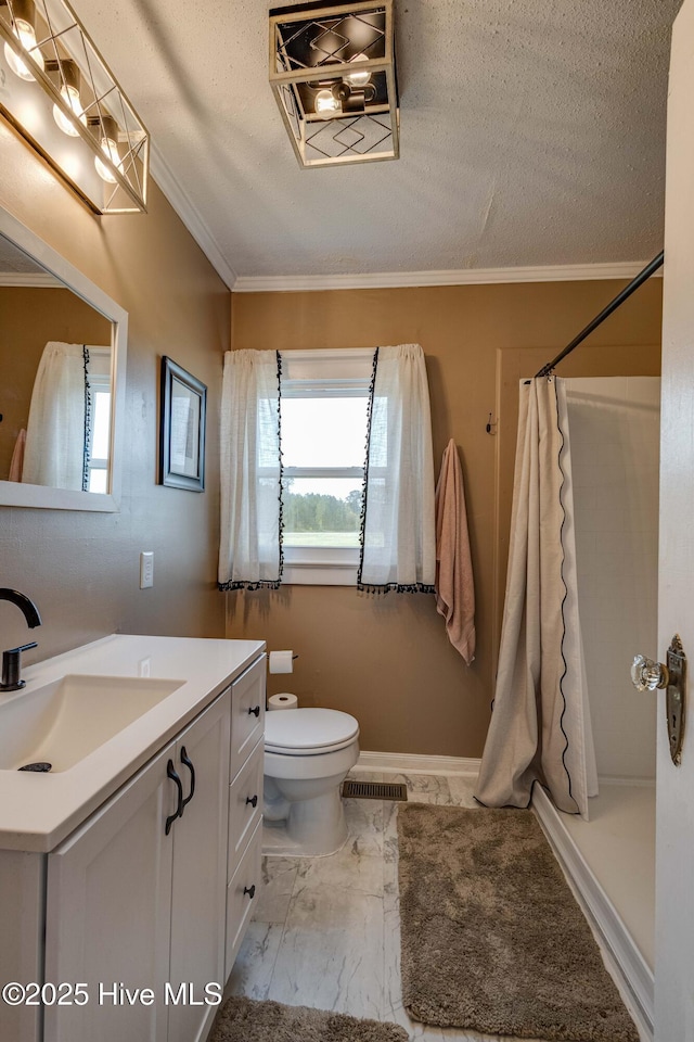 bathroom with visible vents, a shower with shower curtain, ornamental molding, toilet, and vanity