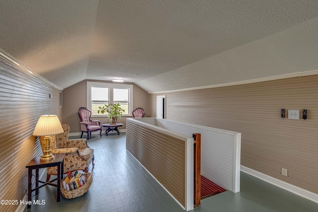 interior space with dark wood finished floors, baseboards, lofted ceiling, and a textured ceiling