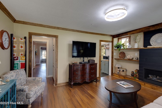 living area featuring baseboards, a fireplace, wood finished floors, and ornamental molding